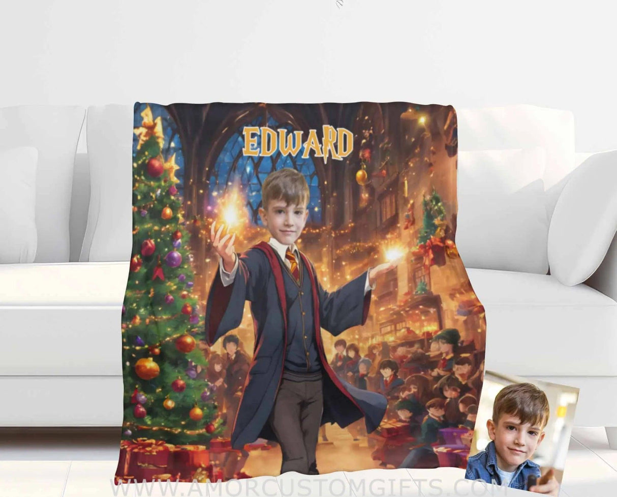 Blankets Personalized Magical Wizard Boy 1 Xmas Blanket | Custom Face & Name Blanket For Boys