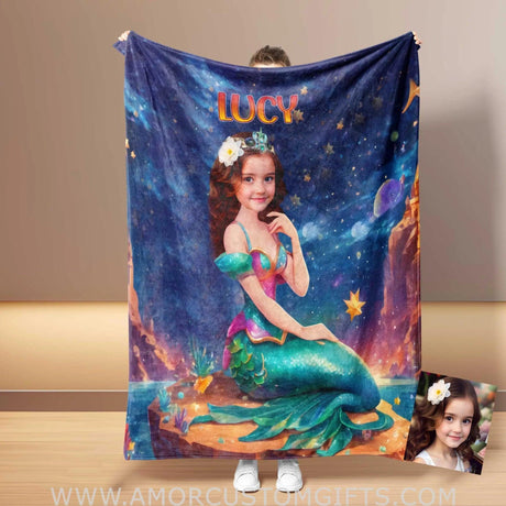 Blankets Personalized Mermaid 3 Photo Blanket | Custom Name & Face Girl Princess Blanket