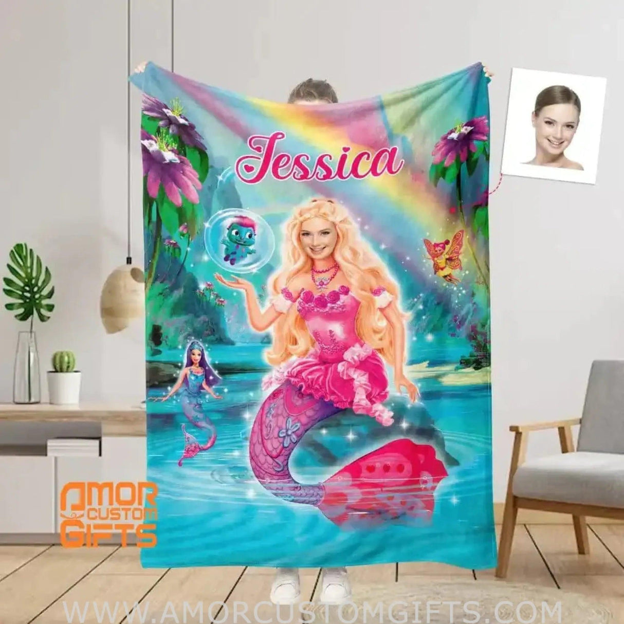 Blankets Personalized Mermaid Pink Barbi Girl 3 Blanket | Custom Face & Name Girl Blanket