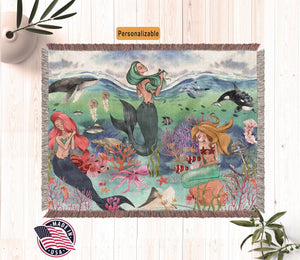 Blankets Personalized Mermaid Under The Sea Woven Blanket  - Tropical Boho Style Throw Bedding and Gifts