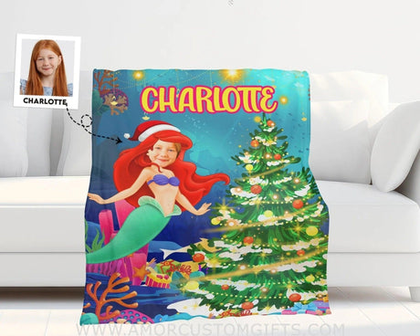 Blankets Personalized Mermaid Xmas Blanket | Custom Face & Name Christmas Girl Blanket