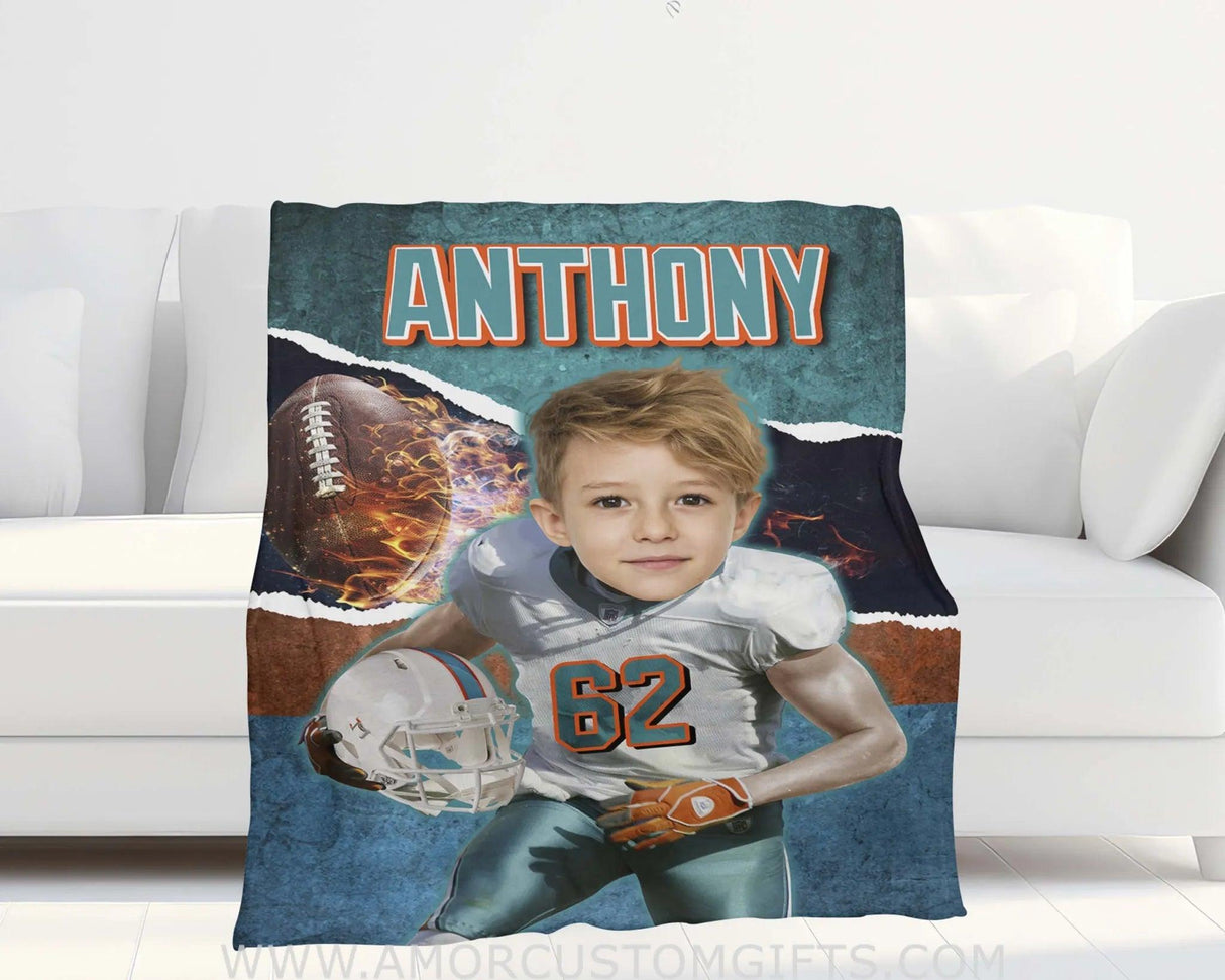 Blankets Personalized Miami Football Boy Blanket | Custom Face & Name Football Boys Blanket