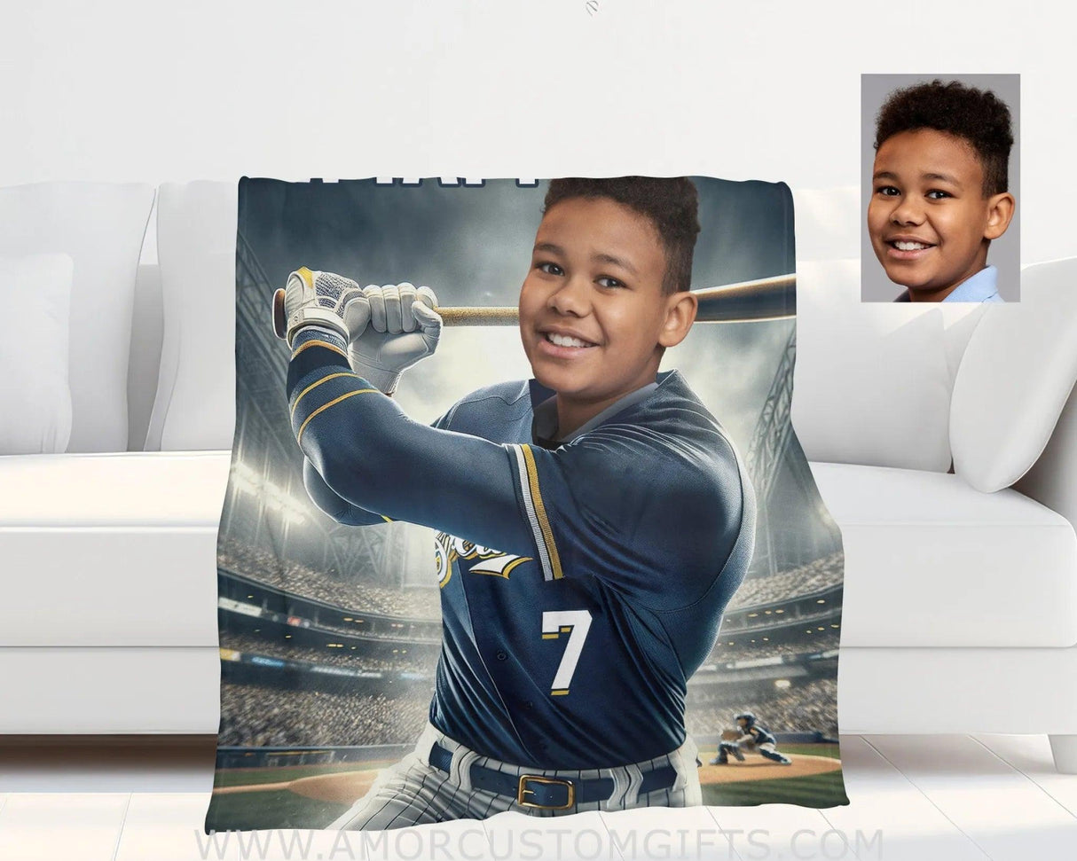 Blankets Personalized MLB Milwaukee Baseball Boy Brewers Photo Blanket | Custom Name & Face Boy Blanket