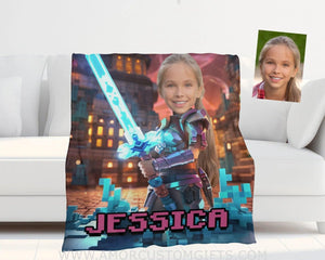 Blankets Personalized Minecraft Girl Netherite Sword Blanket | Custom Name & Face Girl Blanket