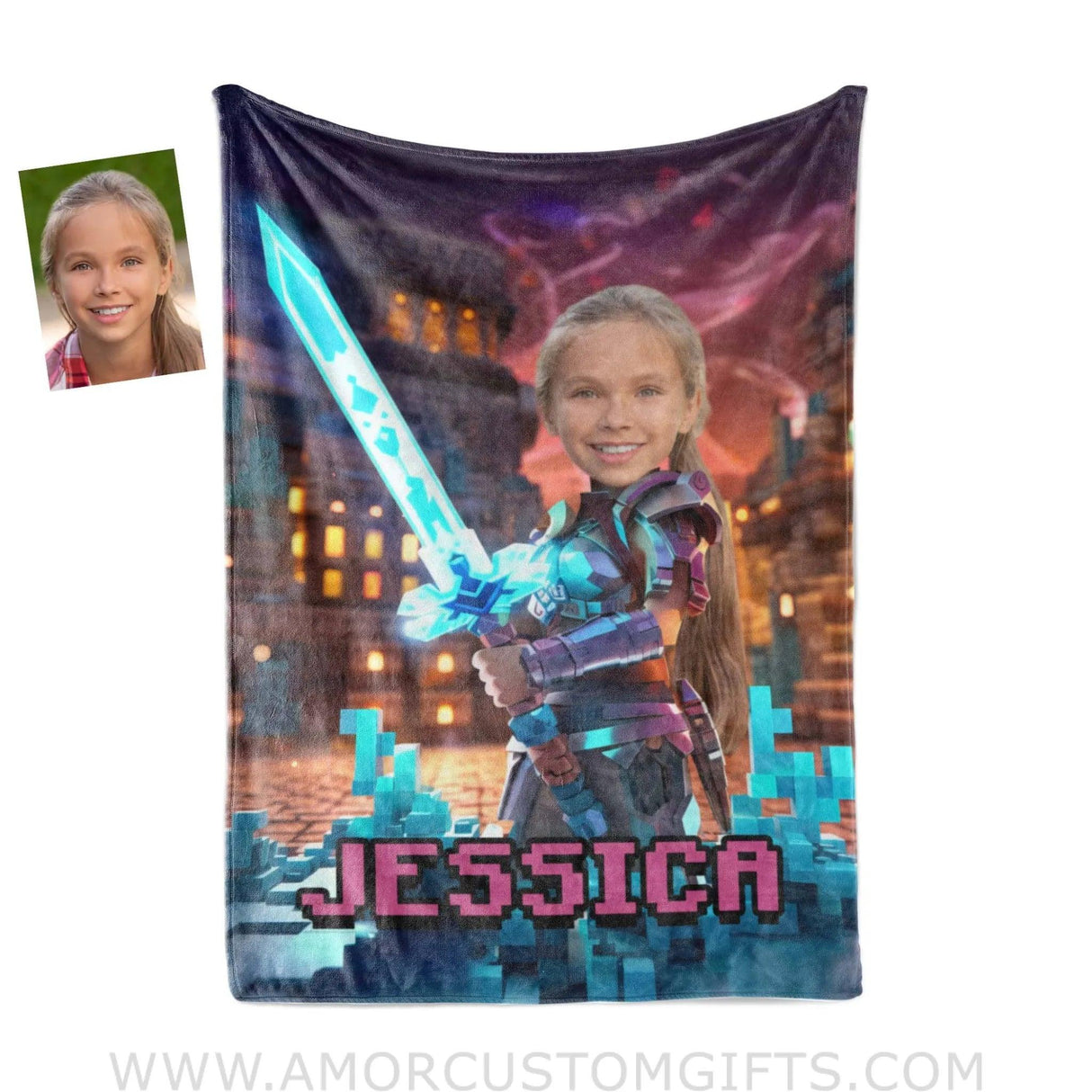 Blankets Personalized Minecraft Girl Netherite Sword Blanket | Custom Name & Face Girl Blanket