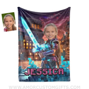 Blankets Personalized Minecraft Girl Netherite Sword Blanket | Custom Name & Face Girl Blanket