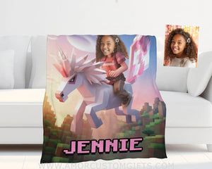 Blankets Personalized Minecraft Girl Riding On Minecraft Unicorn Blanket | Custom Name & Face Girl Blanket