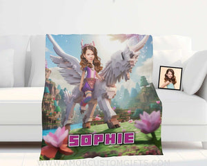 Blankets Personalized Minecraft Girl Riding On Minecraft Wings Unicorn Blanket | Custom Name & Face Girl Blanket