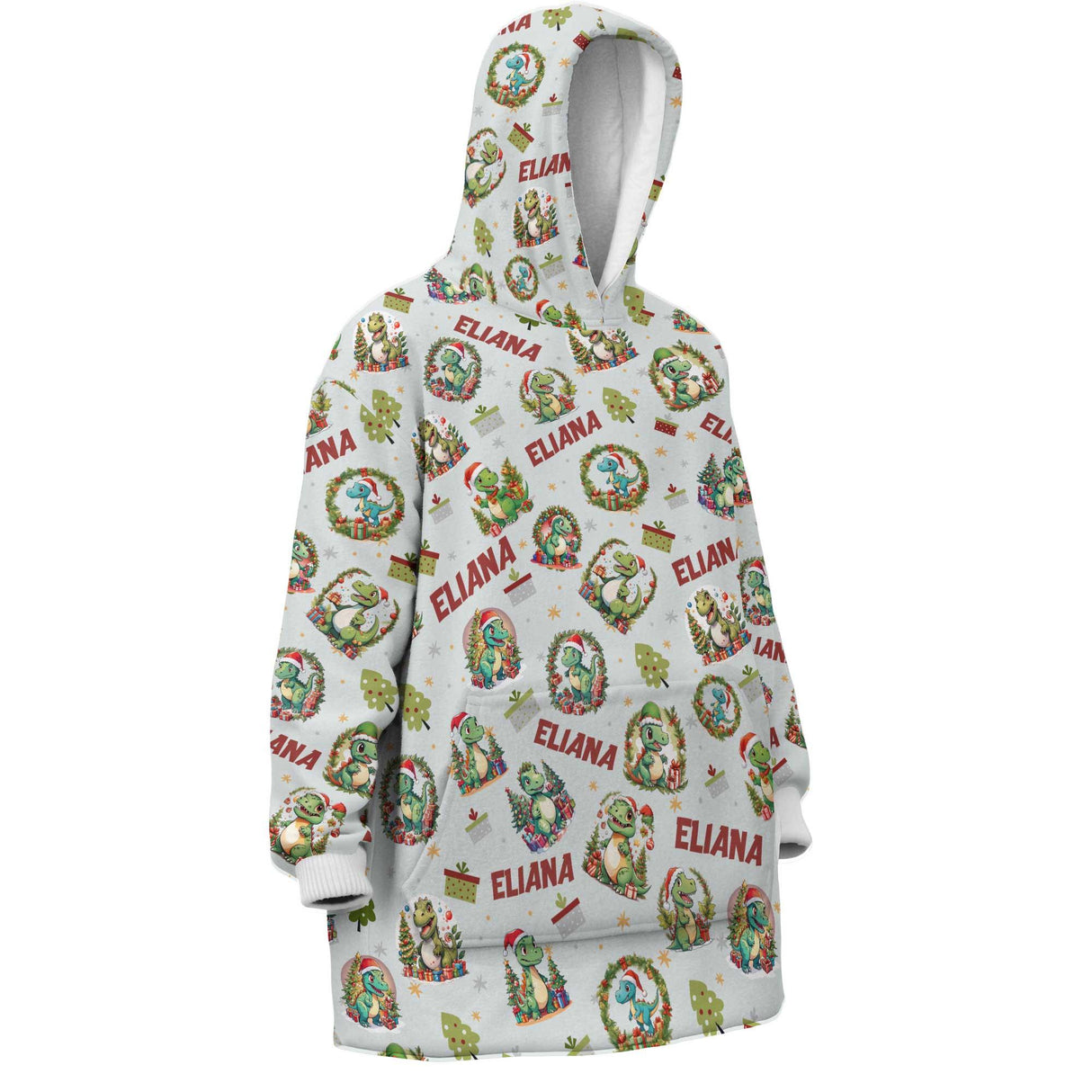 Personalized Mint Christmas Dinosaur Snug Oversized Wearable Hoodie Blanket - Amor Custom Gifts