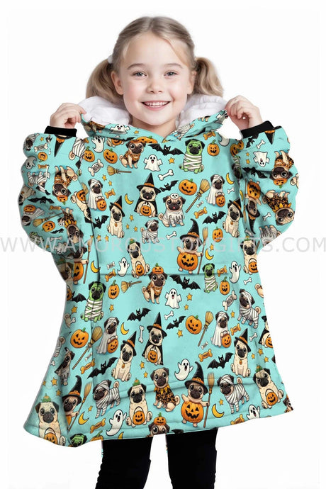 Personalized Mint Dog Pugs Witch Halloween Snug Oversized Wearable Hoodie Blanket-Hoodie Blanket-Amor Custom Gifts