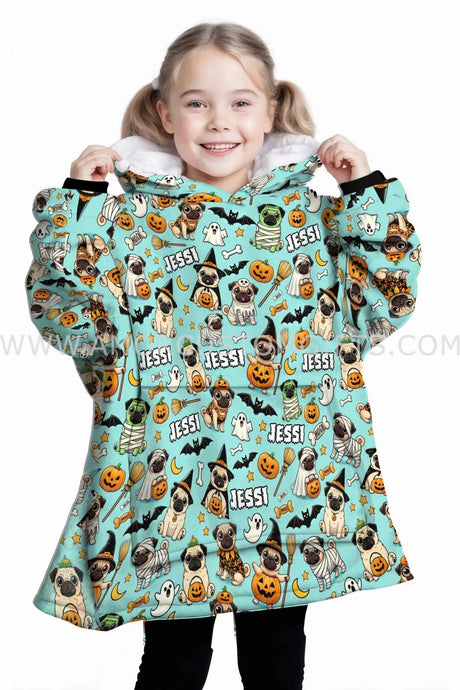 Personalized Mint Dog Pugs Witch Halloween Snug Oversized Wearable Hoodie Blanket-Hoodie Blanket-Amor Custom Gifts