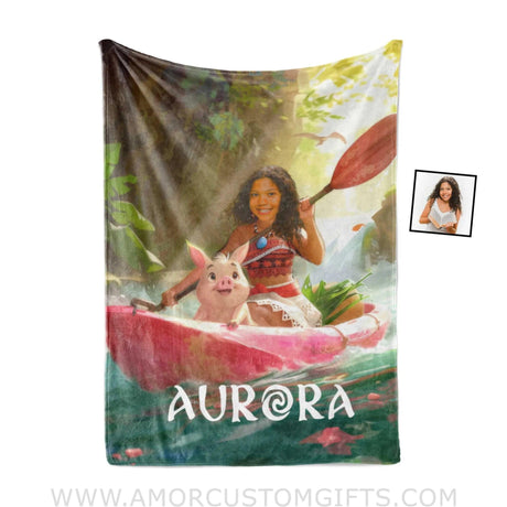 Blankets Personalized Moana Princess Girl Photo Blanket | Custom Name & Face Girl Blanket