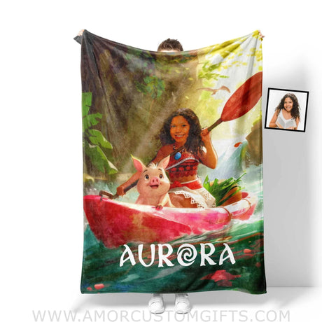 Blankets Personalized Moana Princess Girl Photo Blanket | Custom Name & Face Girl Blanket