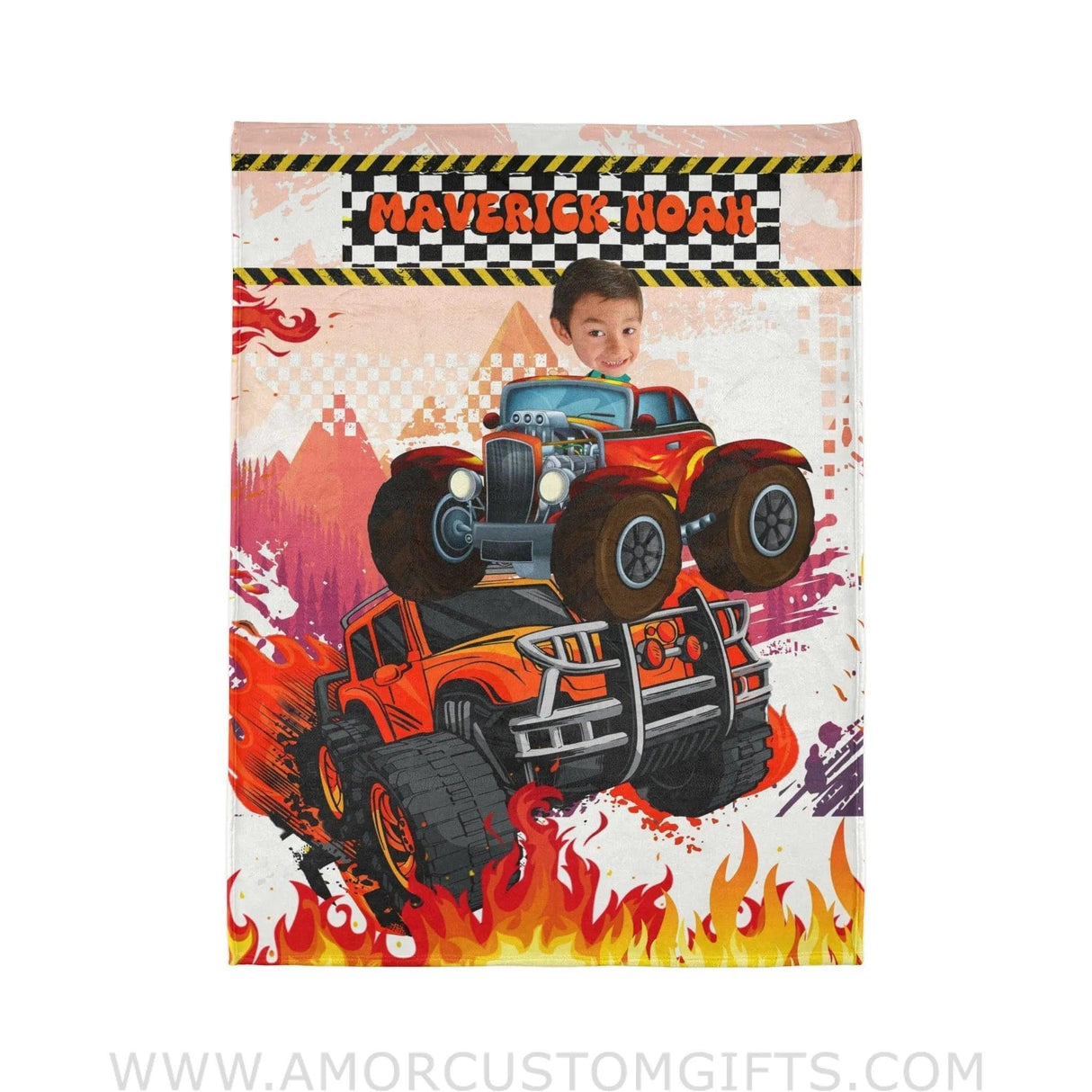 Blankets Personalized Monster Truck 2 Blanket | Custom Face & Name Vehicle Boy Photo Blanket