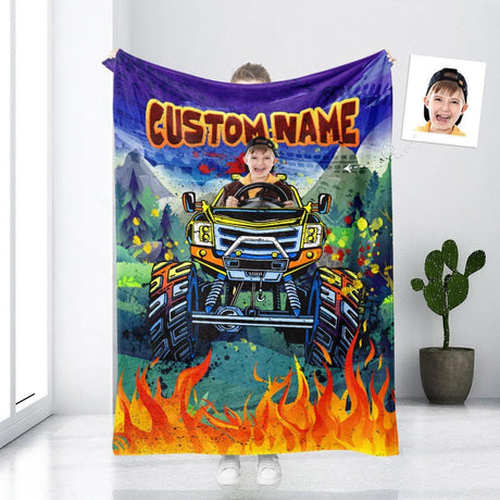 Blankets Personalized Monster Truck Blanket | Custom Face & Name Vehicle Boy Photo Blanket