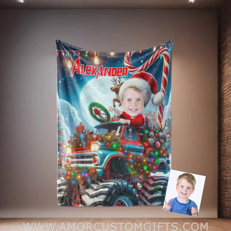 Blankets Personalized Monster Truck Xmas 1 Blanket | Custom Face & Name Christmas Blanket For Boys