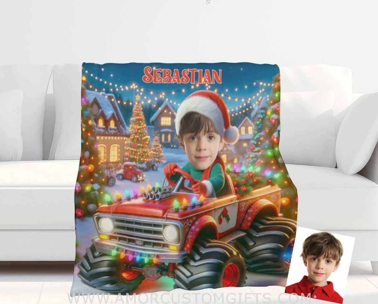 Blankets Personalized Monster Truck Xmas 2 Blanket | Custom Face & Name Christmas Blanket For Boys