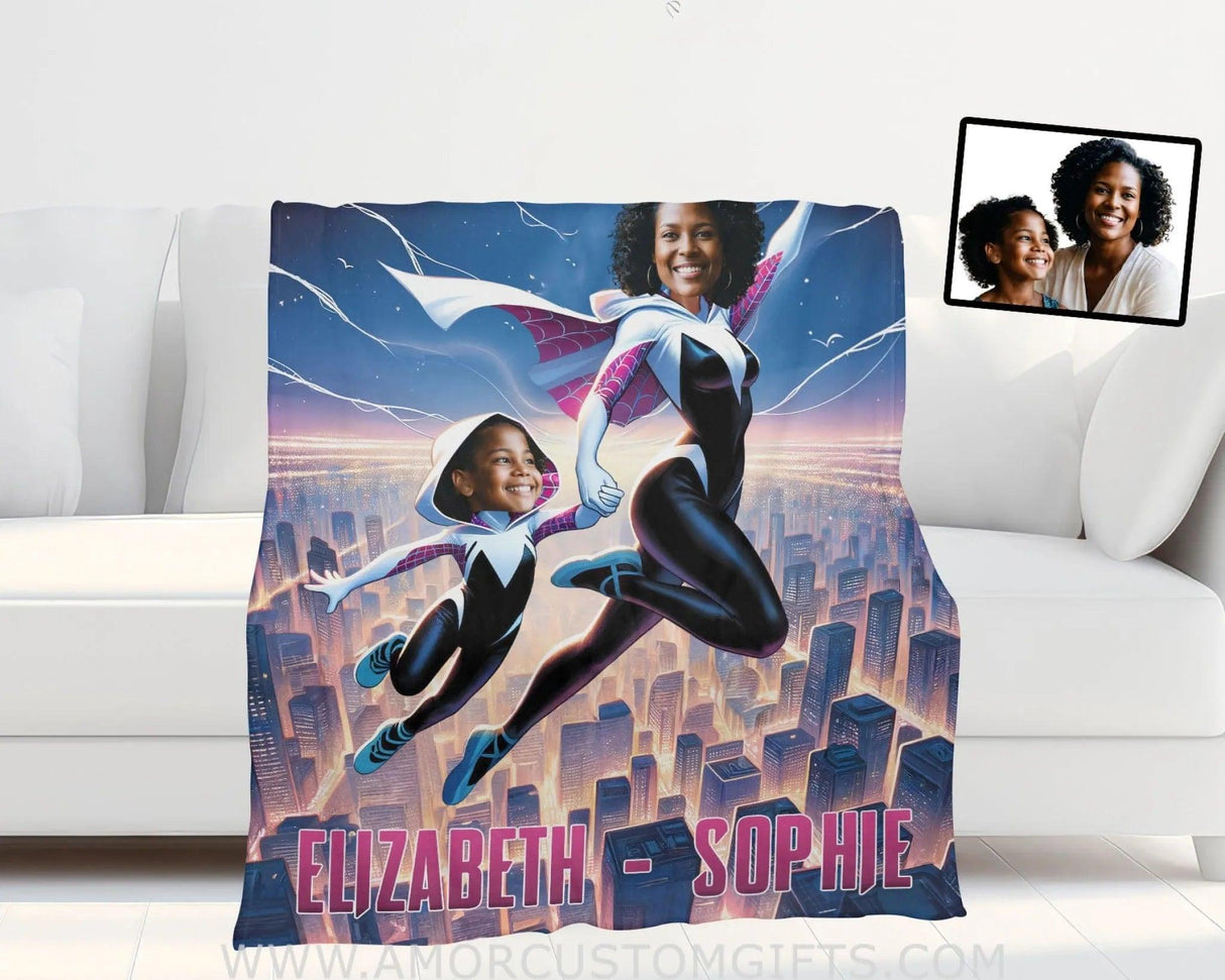 Blankets Personalized Mother Day's Gwen Mother Daughter Flying In The Sky Blanket | Custom Face & Name Mom Daughter Blanket