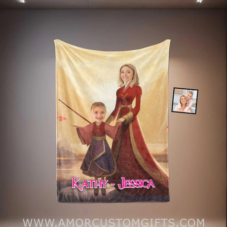 Blankets Personalized Mother Day's Mulan Mother Daughter Blanket | Custom Face & Name Mom Daughter Blanket