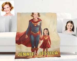 Blankets Personalized Mother Day's Super Mom & Daughter Blanket | Custom Face & Name Mom Daughter Blanket