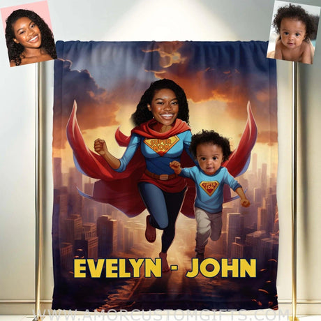 Blankets Personalized Mother Day's Super Mom & Son Blanket | Custom Face & Name Mom Son Blanket