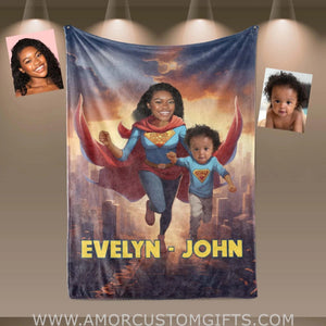 Blankets Personalized Mother Day's Super Mom & Son Blanket | Custom Face & Name Mom Son Blanket