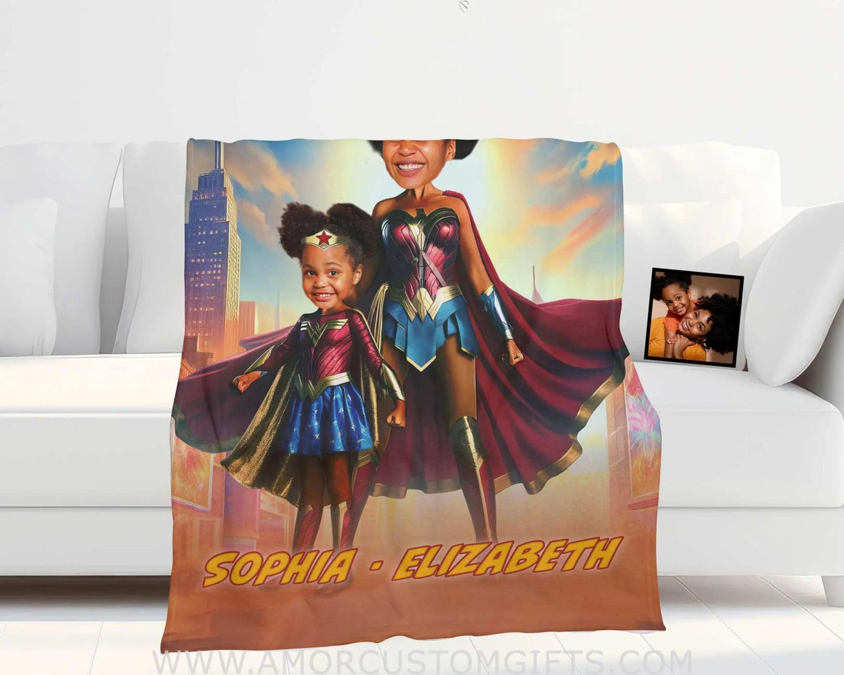 Blankets Personalized Mother Day's Wonder Mom Daughter Blanket | Custom Face & Name Mom Daughter Blanket