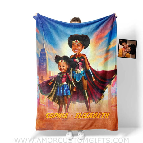 Blankets Personalized Mother Day's Wonder Mom Daughter Blanket | Custom Face & Name Mom Daughter Blanket