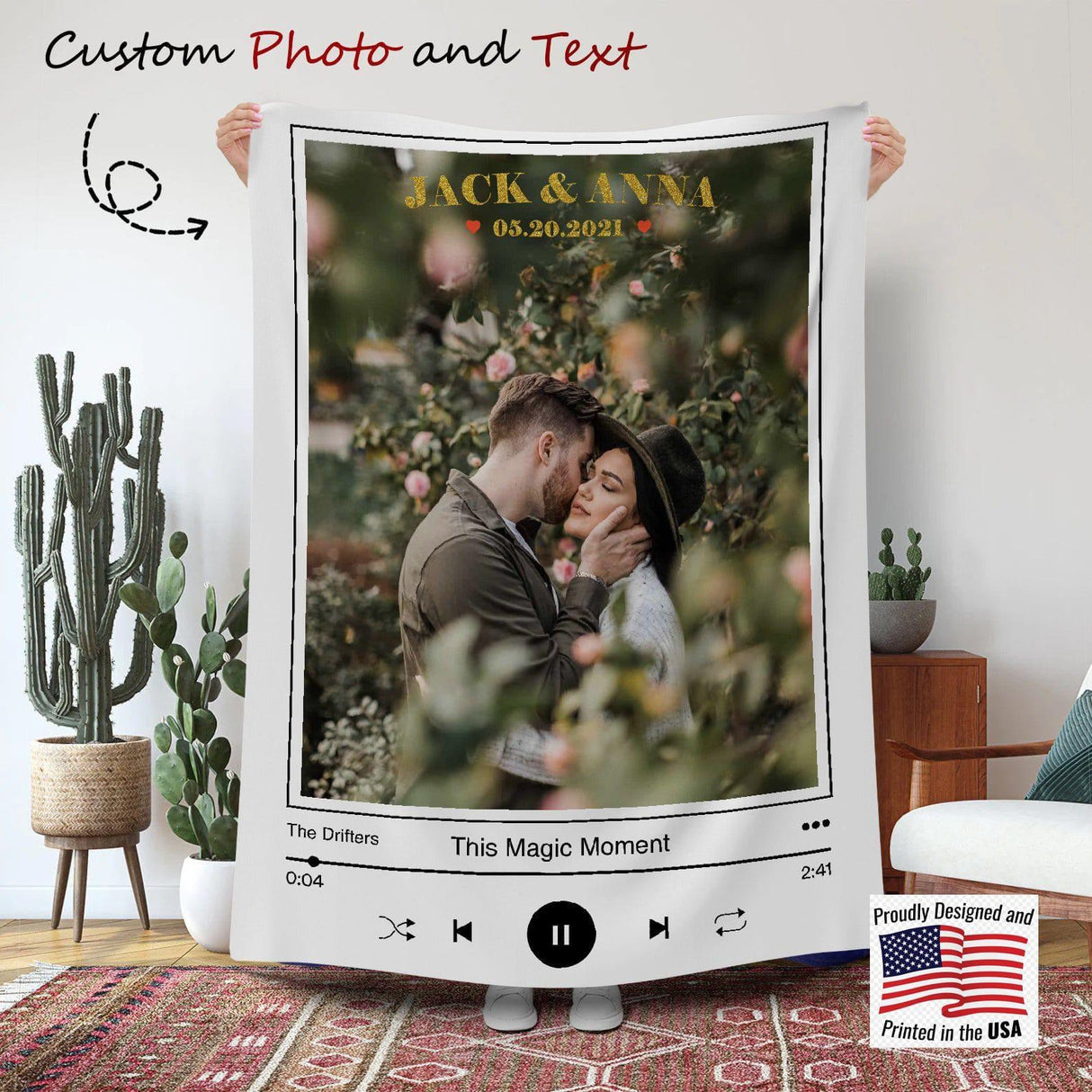 Blankets Personalized Music Photo Blanket, Custom Spotify Name and Photo Blanket, Wedding Blanket, Engagement Gift, Customized Couple Blanket