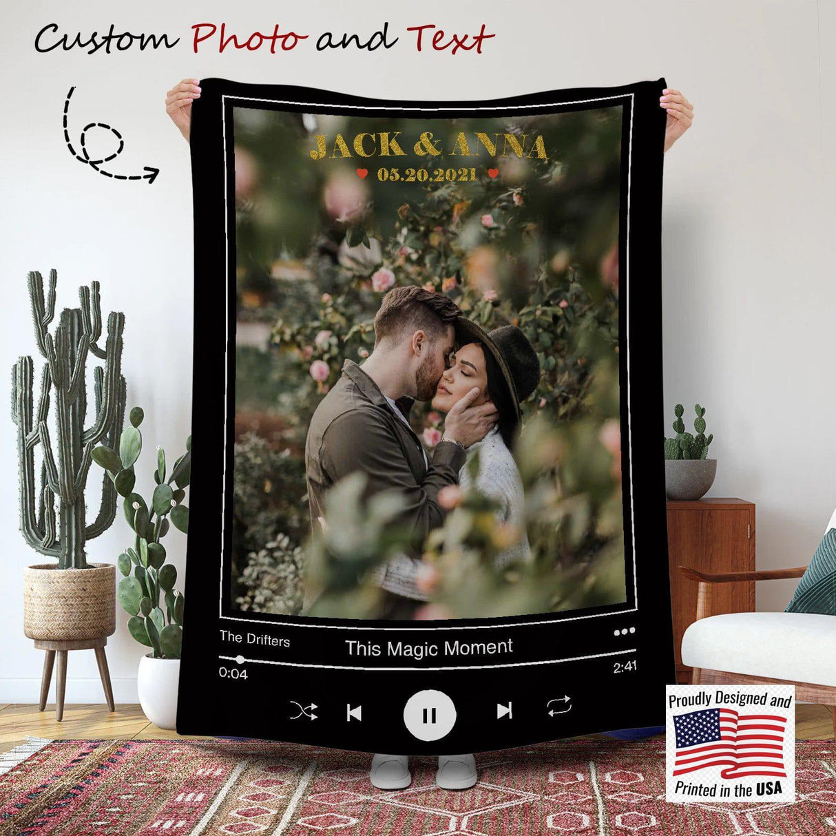 Blankets Personalized Music Photo Blanket, Custom Spotify Name and Photo Blanket, Wedding Blanket, Engagement Gift, Customized Couple Blanket