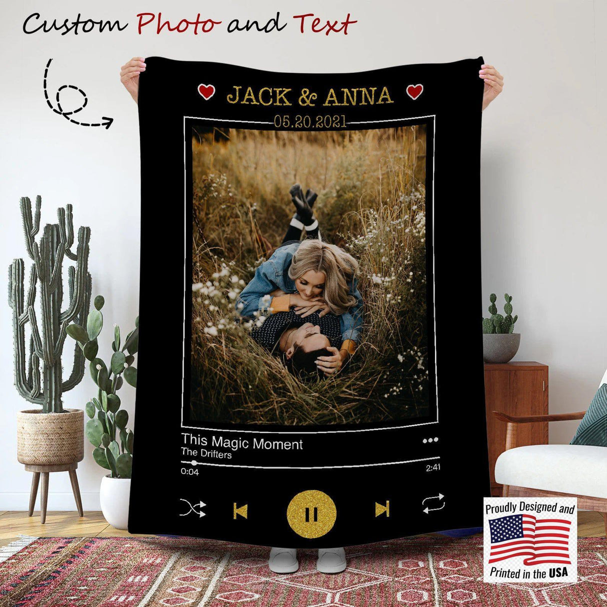 Blankets Personalized Music Photo Blanket, Custom Spotify Name and Photo Blanket, Wedding Blanket, Engagement Gift, Customized Couple Blanket