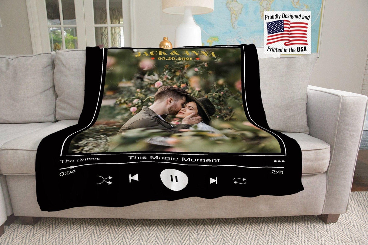 Blankets Personalized Music Photo Blanket, Custom Spotify Name and Photo Blanket, Wedding Blanket, Engagement Gift, Customized Couple Blanket