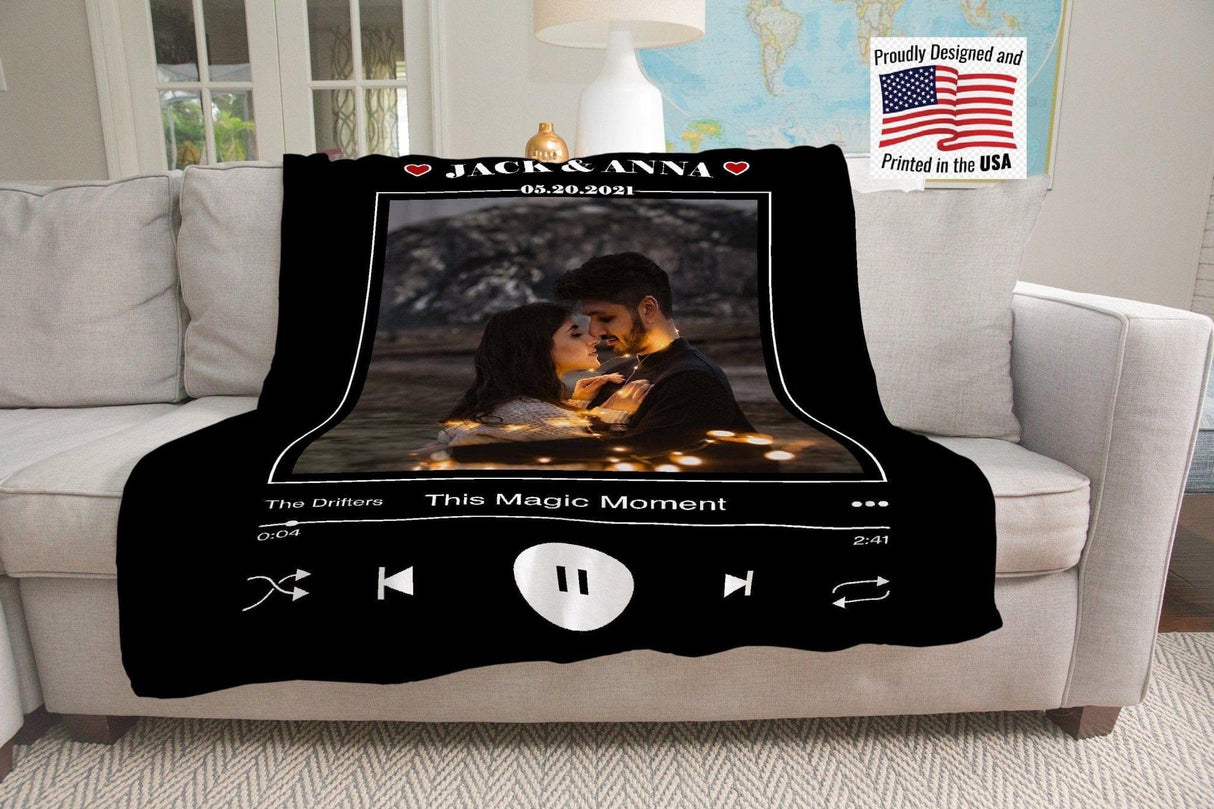 Blankets Personalized Music Photo Blanket, Custom Spotify Name and Photo Blanket, Wedding Blanket, Engagement Gift, Customized Couple Blanket