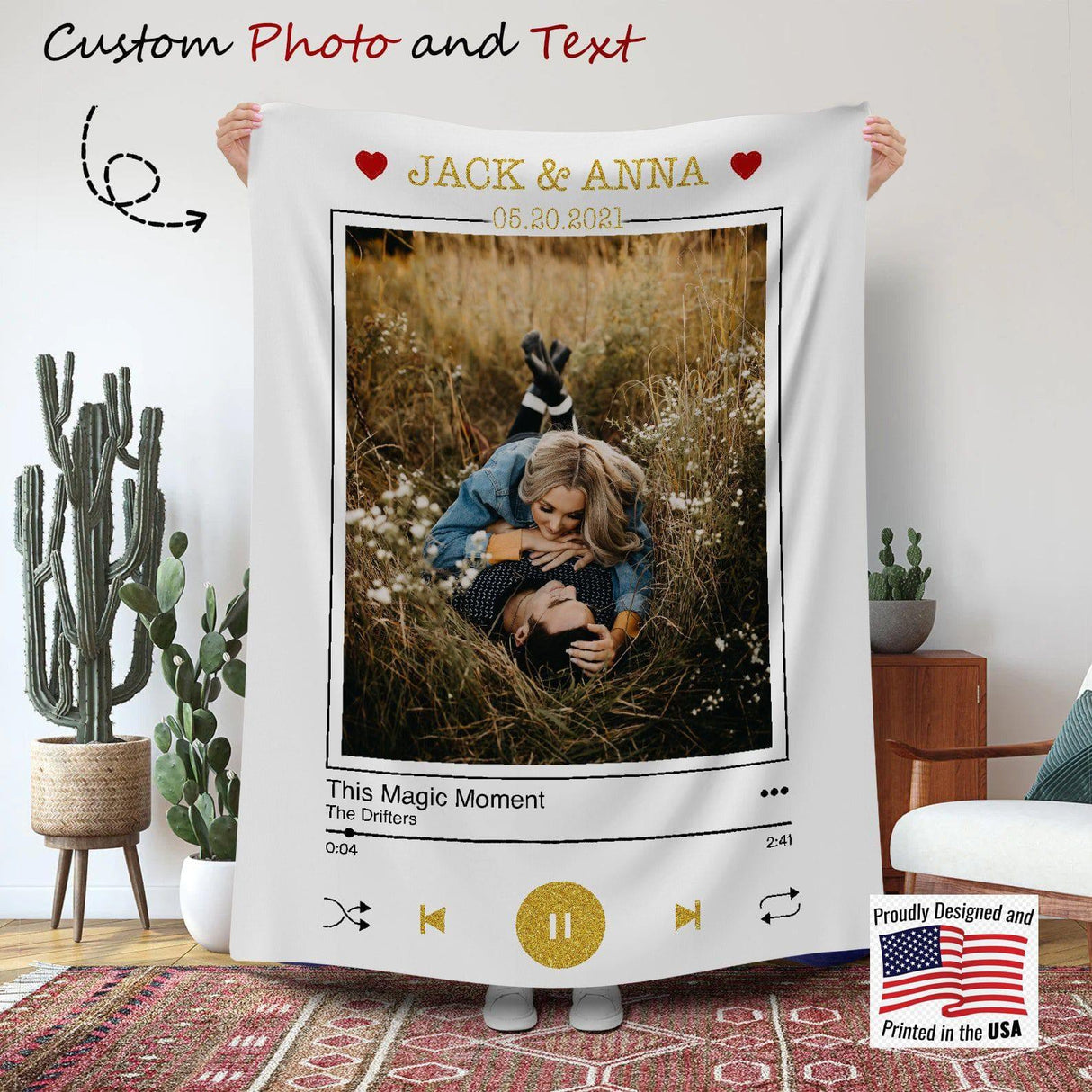 Blankets Personalized Music Photo Blanket, Custom Spotify Name and Photo Blanket, Wedding Blanket, Engagement Gift, Customized Couple Blanket