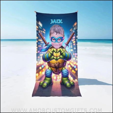 Towels Personalized Mutant Turtle Blue Bandana Heart Hand Gesture Beach Towel | Customized Ninja Boy Theme Pool Towel