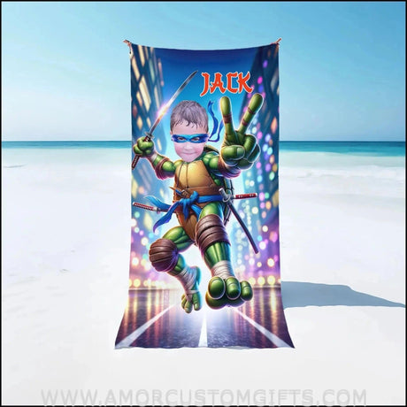 Towels Personalized Mutant Turtle Blue Bandana Victory V Hand Gesture Beach Towel | Customized Ninja Boy Theme Pool Towel