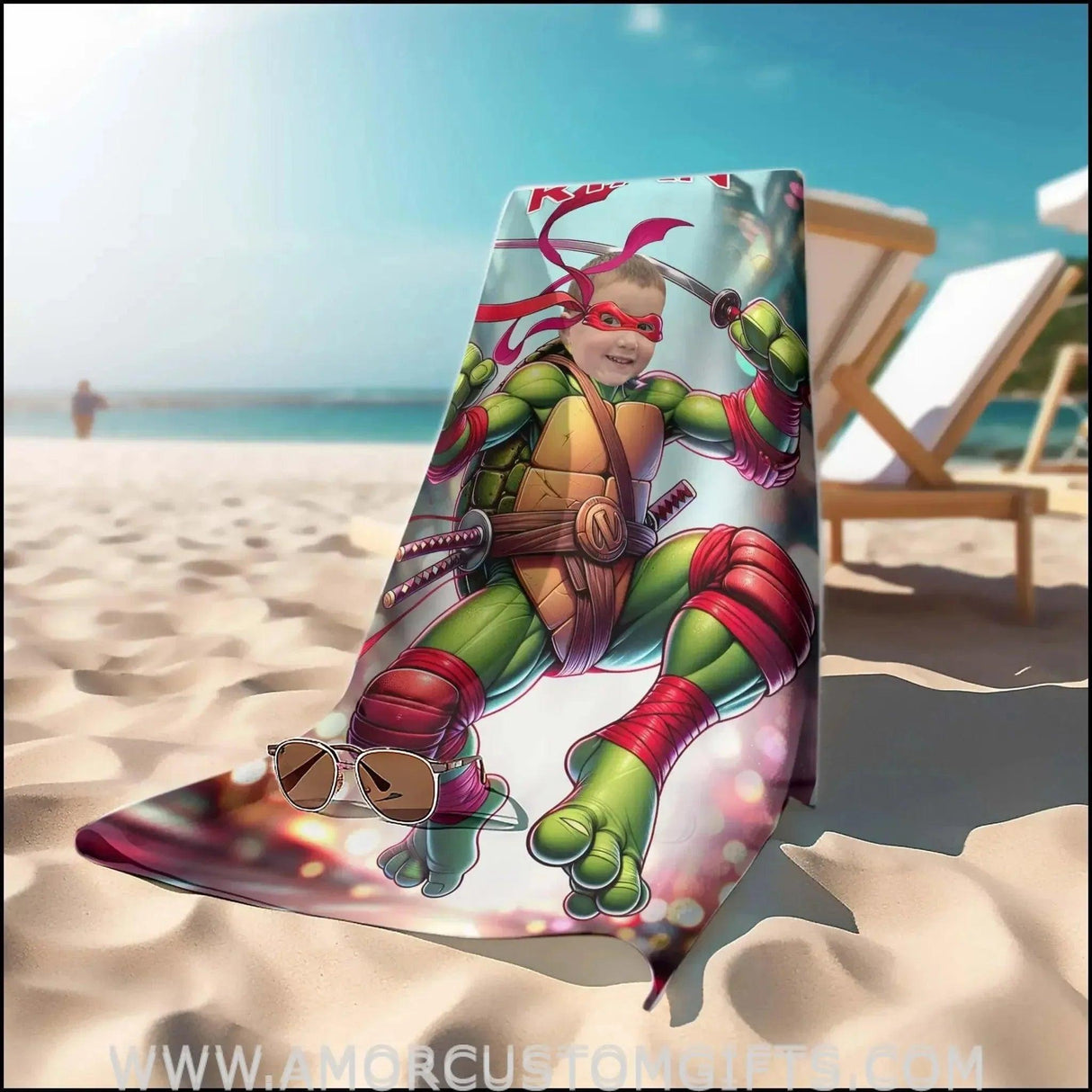 Towels Personalized Mutant Turtle Red Bandana in Washington Monument 2 Beach Towel | Customized Ninja Boy Theme Pool Towel