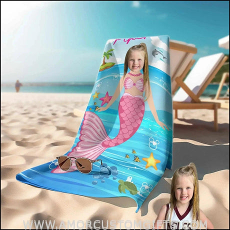 Towels Personalized Name & Face Summer Mermaid In Pink Girl Beach Towel