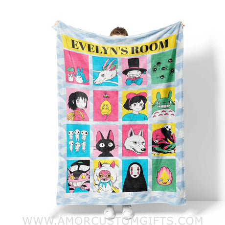 Blanket Personalized Name Ghibli Characters Cube Girl Blanket, Baby Ghibli Fleece Blankets, Gift For Baby Girl