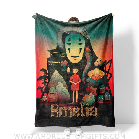 Blanket Personalized Name Ghibli Spirited Away Girl Blanket, Baby Ghibli Fleece Blankets, Gift For Baby Girl