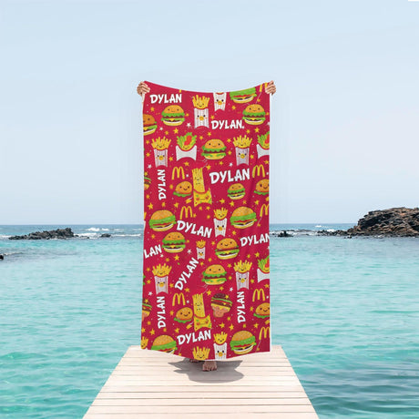 Personalized Name Happy Meal Adventure Red Beach Towel - Amor Custom Gifts