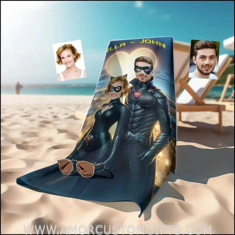 Towels Personalized Name & Photo Bat Guy & Cat Lady Couple 1 On Beach Towel