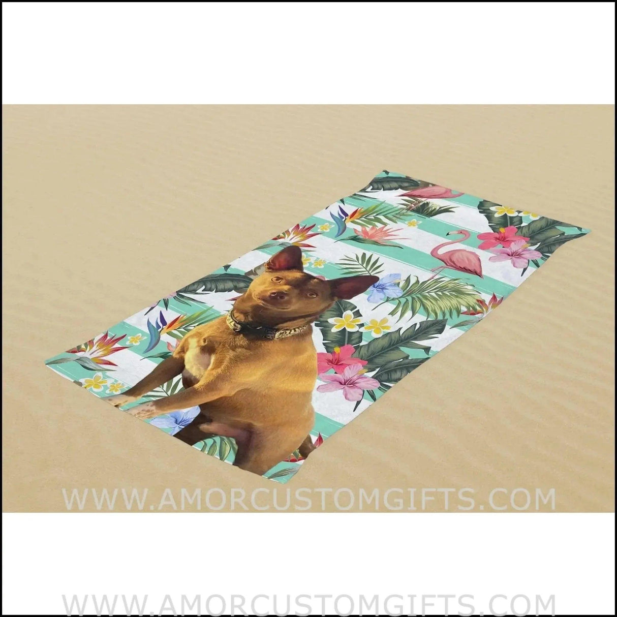 Towels Personalized Name & Photo Summer Flamingo Pet On Beach Towel