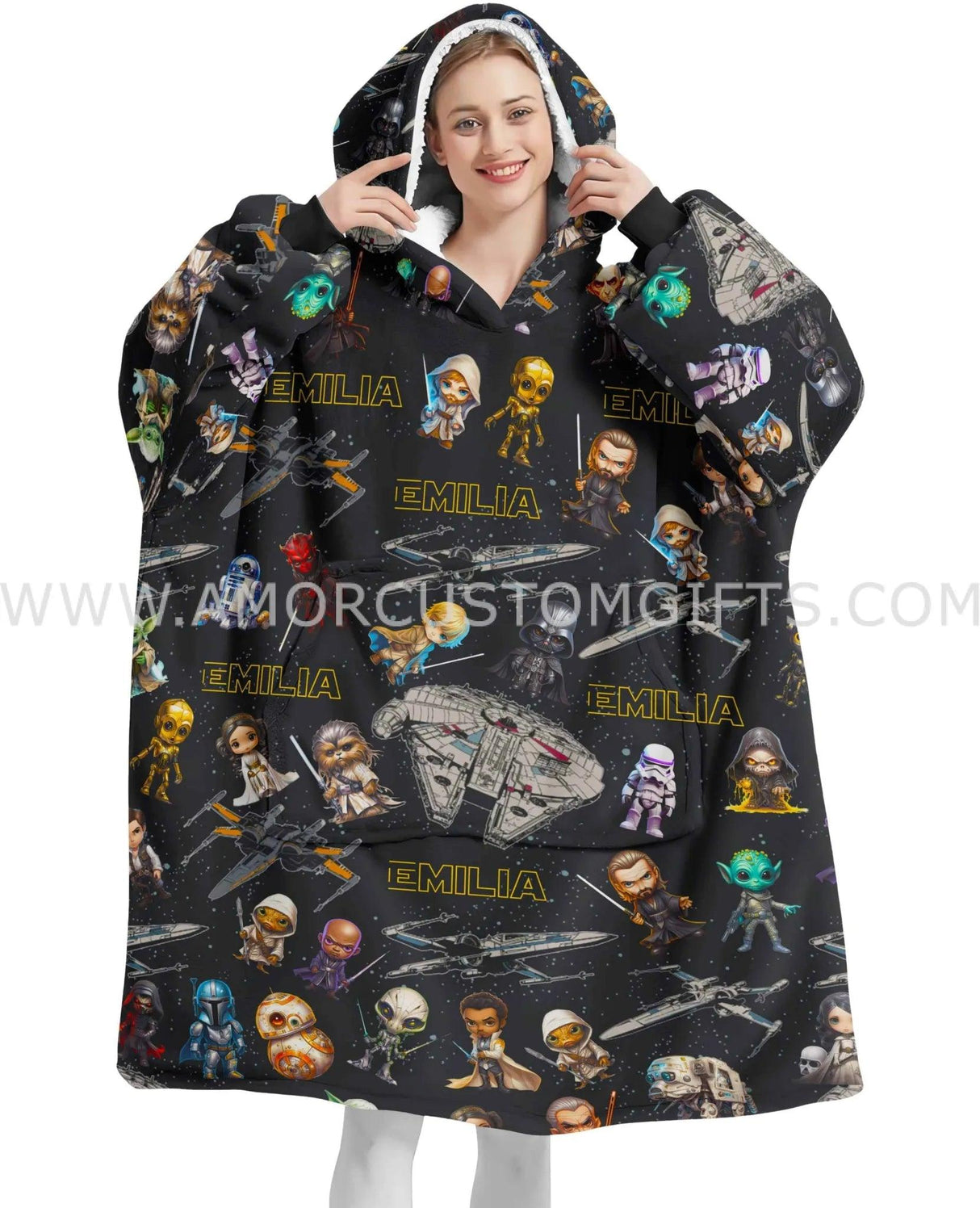 Personalized Name Scifi Saga Chibi Character Space Wars Halloween Snug Oversized Wearable Hoodie Blanket-Hoodie Blanket-Amor Custom Gifts