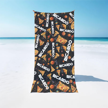 Personalized Name Space Pizza Odyssey Black Kid Beach Towel - Amor Custom Gifts