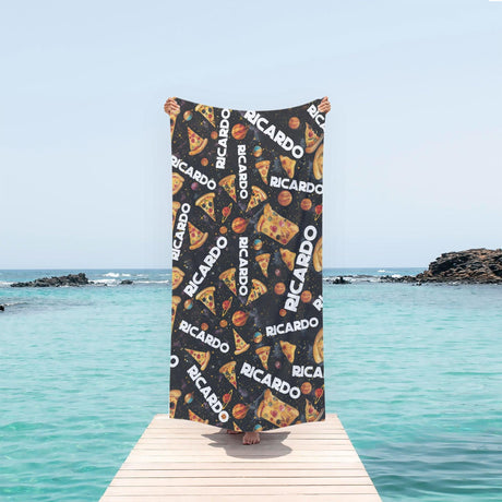 Personalized Name Space Pizza Odyssey Black Kid Beach Towel - Amor Custom Gifts