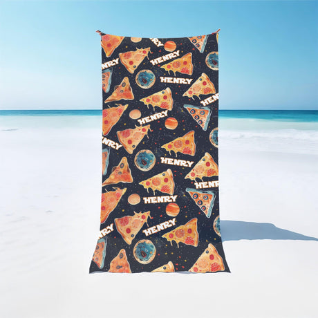 Personalized Name Space Pizza Odyssey Kid Beach Towel - Amor Custom Gifts