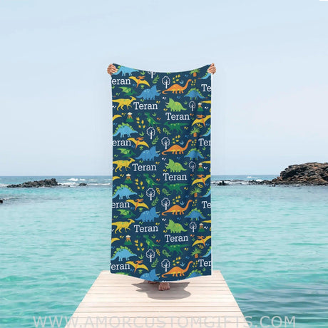 Personalized Name Summer Dino Blue Beach Towel Towels