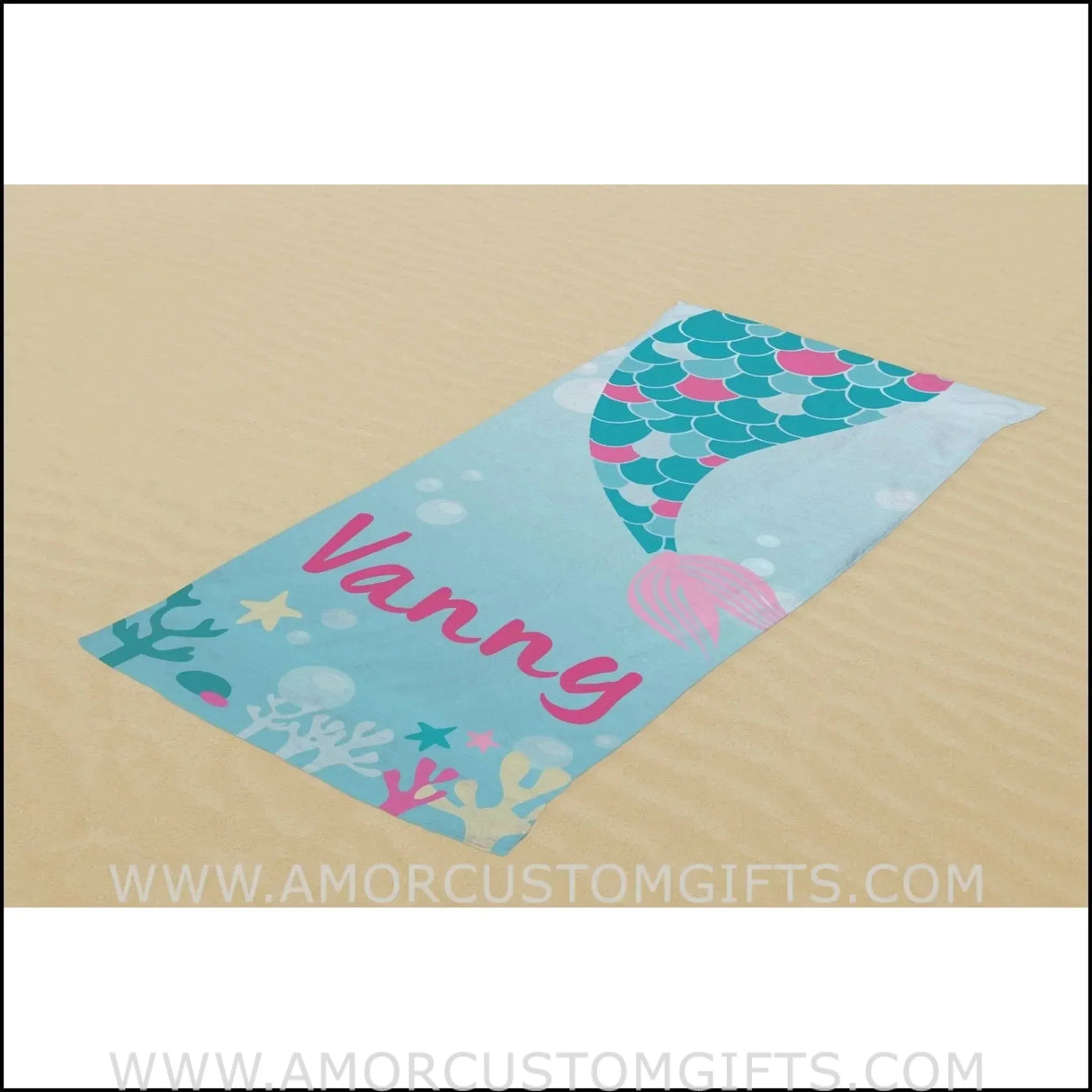 Towels Personalized Name Towel Kids Beach Towel, Mermaid Tail Aqua Towels