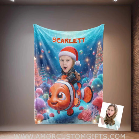 Blankets Personalized Nemo Xmas Girl 1 Photo Blanket | Custom Face & Name Blanket For Girls